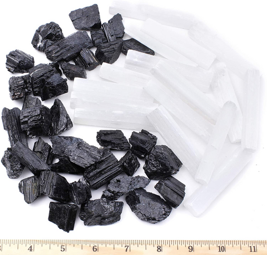 Raw Selenite and Black Tourmaline Natural Stones